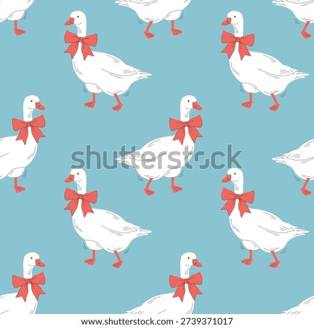 Cute seamless pattern with white geese wearing red bows on a blue background. Vector hand-drawn illustration of farm birds in a flat style for nursery textile, wallpaper, and wrapping paper