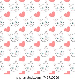 Cute seamless pattern with white kittens and pink hearts.