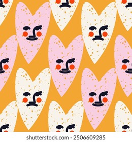 Cute seamless pattern with white and pink hearts with different faces. Vector square print, background, design 