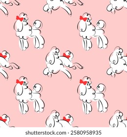 Cute seamless pattern with white poodles on a pink background. Flat background design. Repeating print for fabric, wrapping paper, textile, wallpaper