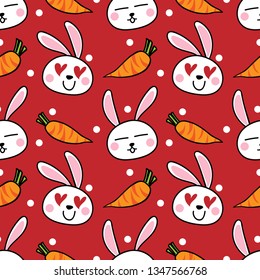 Cute seamless pattern of white rabbits have the eyes with a heart shaped and carrots on red color background with white dots. Vector illustration.