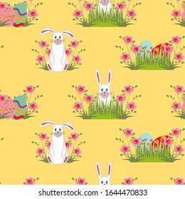 Cute seamless pattern with white rabbits and colored eggs in grass. Bunny sits in flowers, looks out from bushes. Bright eggs with an ornament lie in the grass. Easter holiday background. Vector