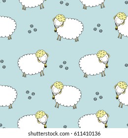 Cute seamless pattern of white sheep on a blue background. Children's background. Decor. Scrap booking