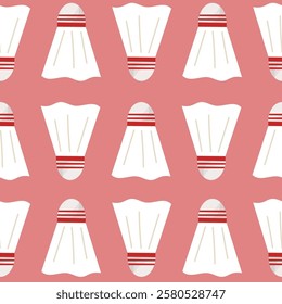 Cute seamless pattern with white shuttlecock. Pink badminton print. Background, banner, wallpaper, wrapping paper, notebook cover, fabric template.