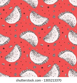 Cute seamless pattern with white sketchy mexican taco on bright red background. Cartoon black on white sketch pop art tacos texture for fast food textile, wrapping paper, package, menu banners