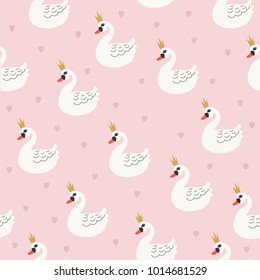 Cute seamless pattern with white swans and young hearts. 