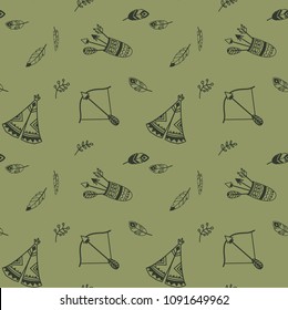 Cute seamless pattern with wigwam, feathers,plants and arrows.Vector illustration
