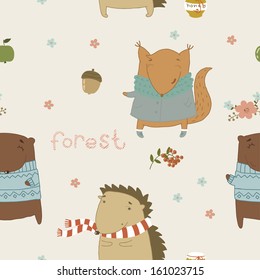 Cute seamless pattern with wild animals