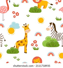 Cute seamless pattern with wild animals. Vector print with funny cubs giraffe, zebra, lion and flamingo in tropical forest