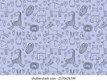 Cute seamless pattern with wild animals line art.