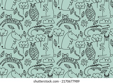 Cute seamless pattern with wild animals line art.