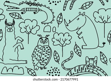 Cute seamless pattern with wild animals line art.