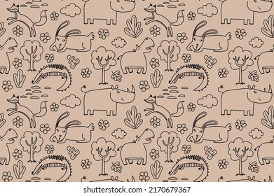 Cute seamless pattern with wild animals line art.