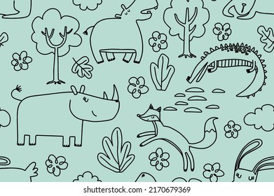 Cute seamless pattern with wild animals line art.