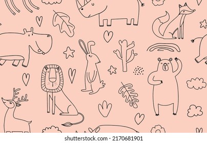 Cute seamless pattern with wild animals line art.