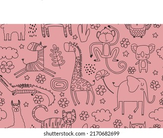 Cute seamless pattern with wild animals line art.