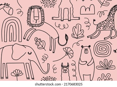 Cute seamless pattern with wild animals line art.