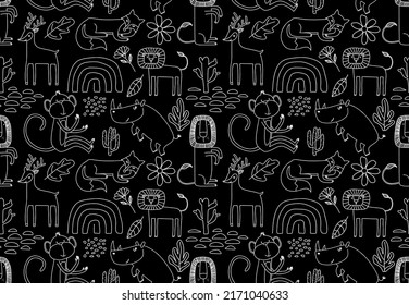 Cute seamless pattern with wild animals line art.