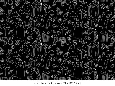 Cute seamless pattern with wild animals line art.