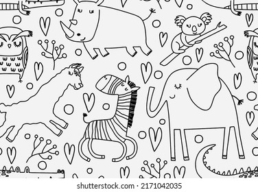 Cute seamless pattern with wild animals line art.