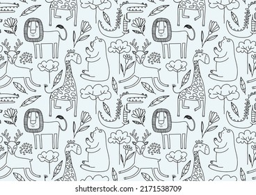 Cute seamless pattern with wild animals line art.