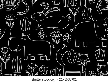 Cute seamless pattern with wild animals line art.