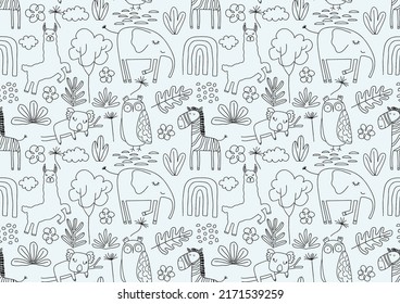 Cute seamless pattern with wild animals line art.