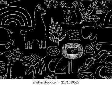 Cute seamless pattern with wild animals line art.