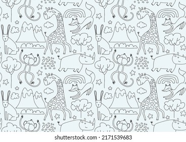 Cute seamless pattern with wild animals line art.