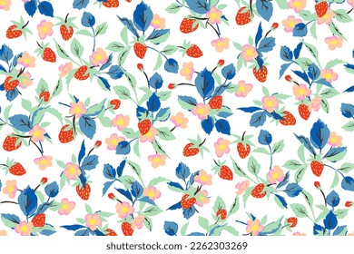 Cute seamless pattern with wild strawberries. berry pattern