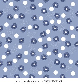 Cute seamless pattern of wildflowers and leaves. Vector illustration on a blue background 
