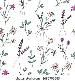 Cute seamless pattern of wildflowers and plants in doodle style. Spring flowers on a white background. Vintage pattern for decoration.