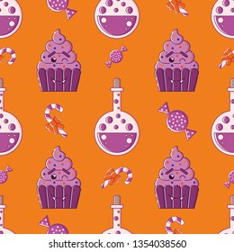 Cute seamless pattern with winking cupcake with fangs, flask with potion, candies. Orange background. Flat linear style illustration. Vector.