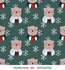Cute seamless pattern with winter baby bear. Vector background.