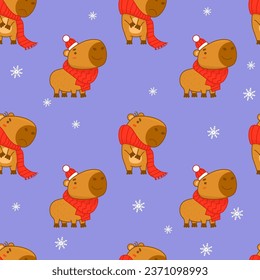 Cute Seamless pattern with winter capybara in knitted scarf and hat on purple background. Vector illustration for Christmas new year festive design, wallpaper, packaging, textile. kids collection