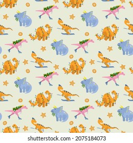 Cute seamless pattern with winter dinosaurs. Design for fabric, textile, wallpaper, packaging, wrapping paper.