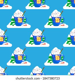 Cute seamless pattern with a winter drink in a cup, a spruce tree, a sleigh in a snowdrift on a blue background. Winter festive ornament in flat style. Cartoon items of New Year and Christmas