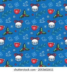 Cute seamless pattern with winter elements on a blue background. Funny vector Сhristmas print with balls, holly, coffee, birds for baby textiles and wrapping paper