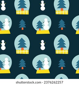 Cute seamless pattern with winter glass balls, fir trees, snowmans. Minimalist Scandinavian New year background.