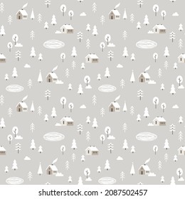 Cute seamless pattern with winter houses, trees, lake. Christmas nature. Kids illustration for holiday wrapping paper, textile, decorations. 