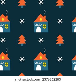 Cute seamless pattern with winter houses, snowflakes and fir trees. Minimalist Scandinavian New year background.