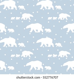 Cute seamless pattern with winter polar bear and snowflakes. Mother and her child. Cute children pattern. Perfect for background paper or textiles.