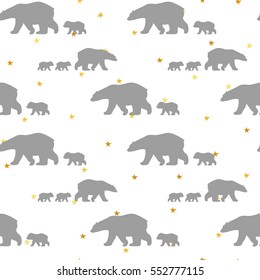 Cute seamless pattern with winter polar bear and confetti golden stars. Mother and her child. Cute children pattern. Perfect for background paper or textiles.