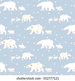 Cute seamless pattern with winter polar bear and snowflakes. Mother and her child. Constellation bears with golden stars. Cute children pattern. Perfect for background paper or textiles.