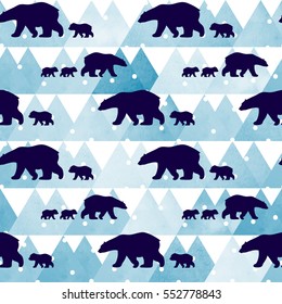 Cute seamless pattern with winter polar bear. Mother and her child. Watercolor mountains in the background. Cute children pattern. Perfect for background paper or textiles.