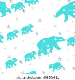 Cute seamless pattern with winter polar bear and confetti stars. Mother and her child. Cute children pattern. Perfect for background paper or textiles.