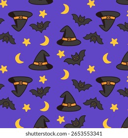 Cute seamless pattern with witch hats, bats, stars, and crescent moons. Perfect for Halloween wrapping paper, party decor, scrapbooking, and spooky crafts.