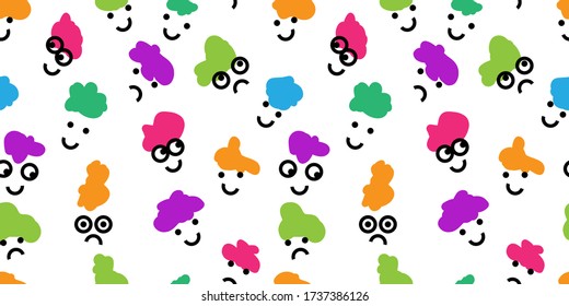 Cute seamless pattern witn colorful spots. Funny smiling faces and other emotions.