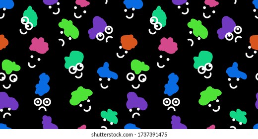 Patrón impecable en puntos coloridos. Caras divertidas sonrientes y otras emociones.