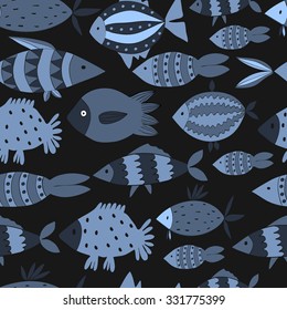 Cute seamless pattern wits fishes. Hand drawn illustration made in vector. Funny childish pattern.